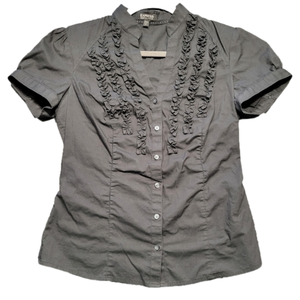 EXPRESS Essental Stretch Short Sleeve Button Down Shirt with tiny ruffle decor